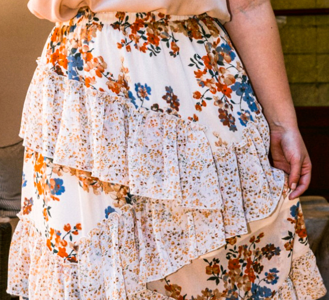 FLORAL RUFFLED MIDI SKIRT IN NATURAL MIX ----------SALE