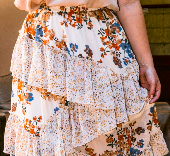 FLORAL RUFFLED MIDI SKIRT IN NATURAL MIX ----------SALE
