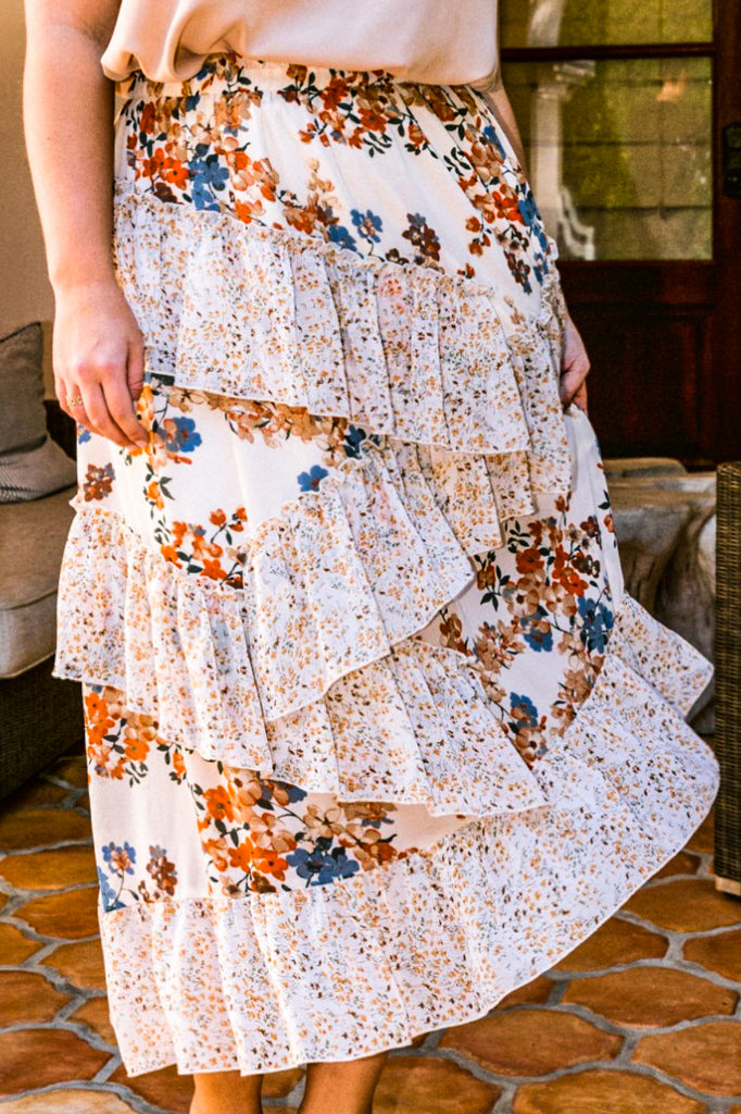 BLOSSOM BEAUTY FLORAL RUFFLED MIDI SKIRT IN NATURAL MIX
