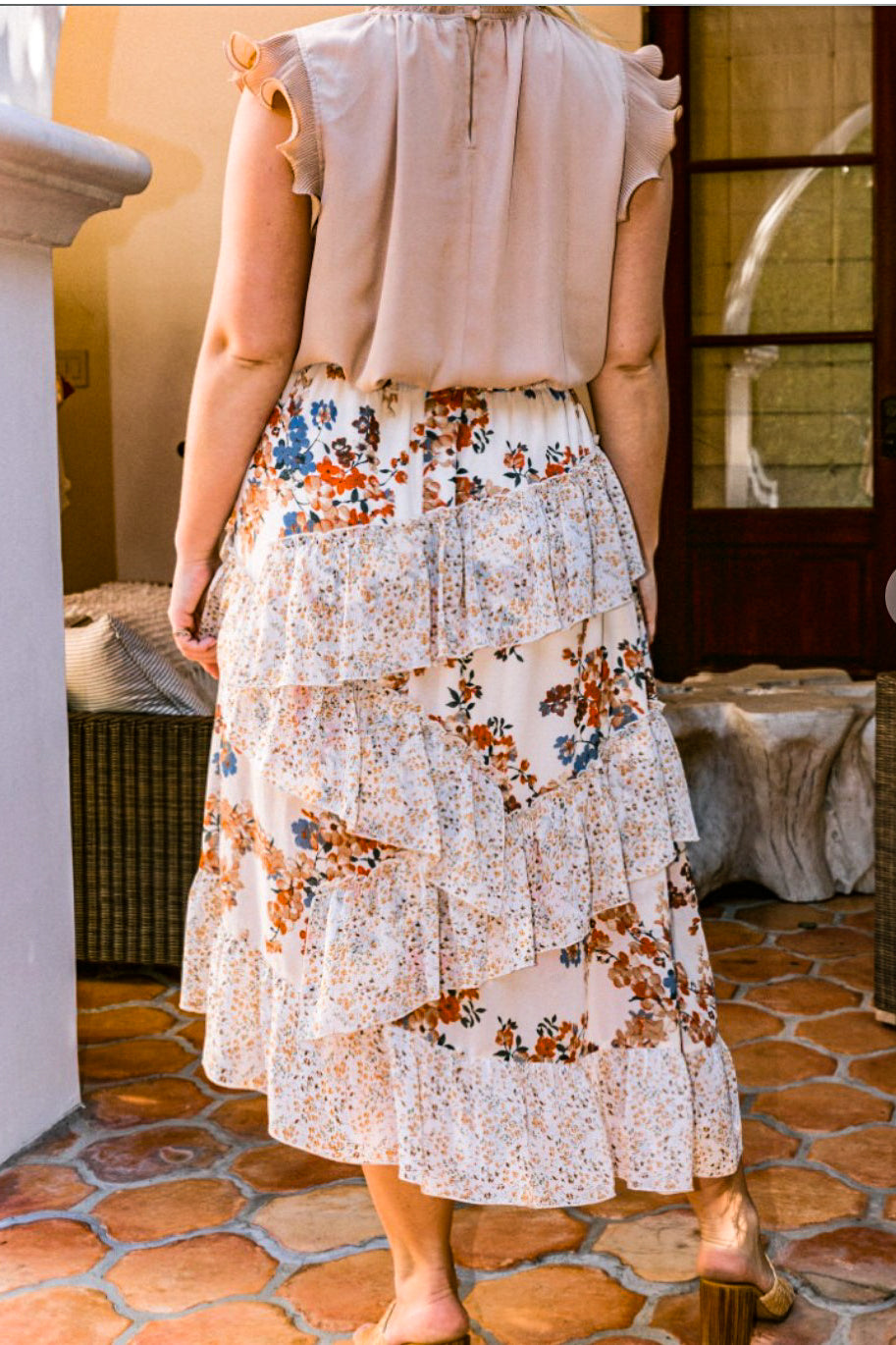 FLORAL RUFFLED MIDI SKIRT IN NATURAL MIX ----------SALE