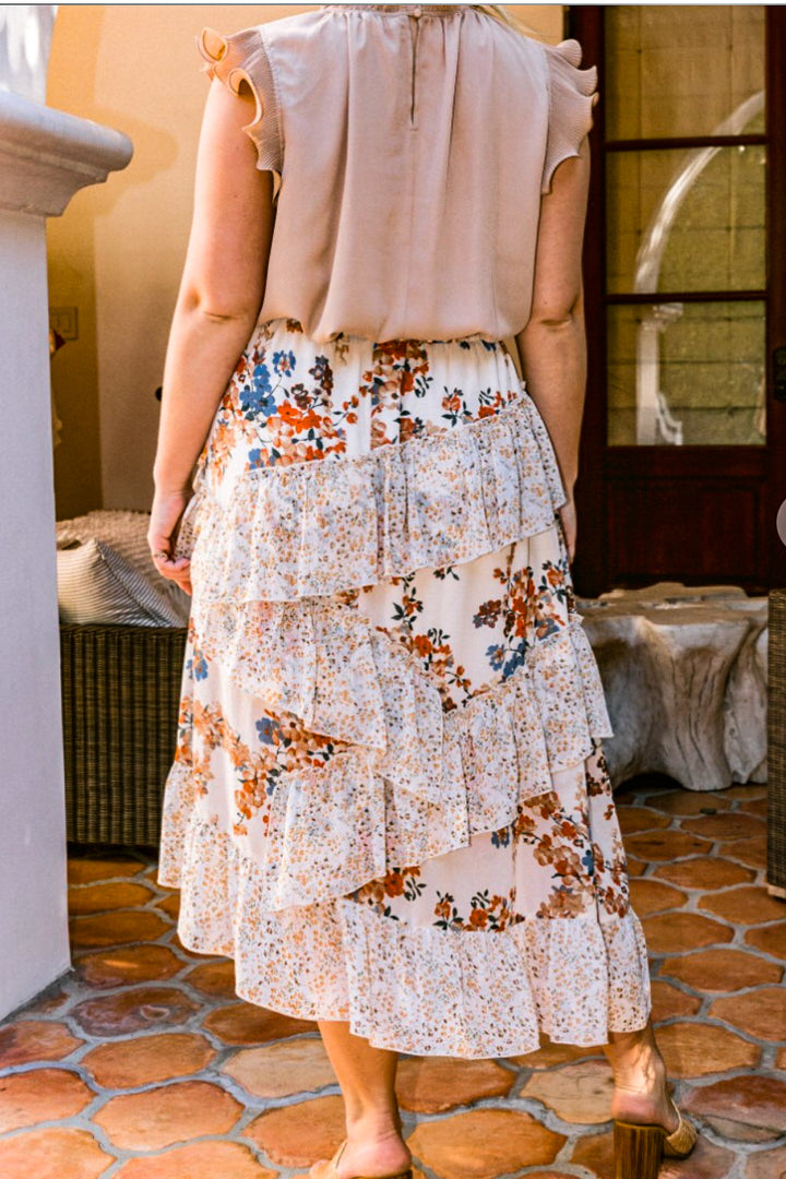 FLORAL RUFFLED MIDI SKIRT IN NATURAL MIX ----------SALE