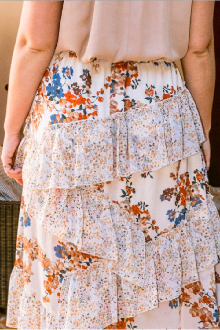 FLORAL RUFFLED MIDI SKIRT IN NATURAL MIX ----------SALE