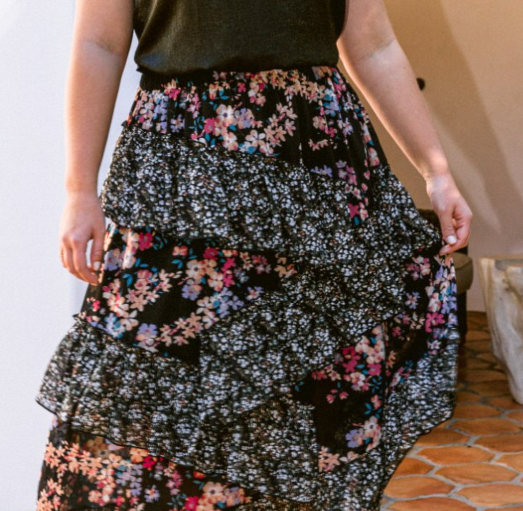 BLOSSOM BEAUTY FLORAL RUFFLED MIDI SKIRT IN BLACK MIX