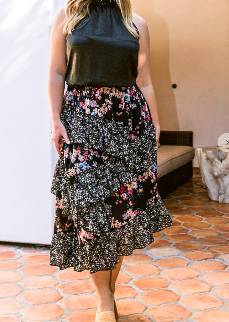 BLOSSOM BEAUTY FLORAL RUFFLED MIDI SKIRT IN BLACK MIX