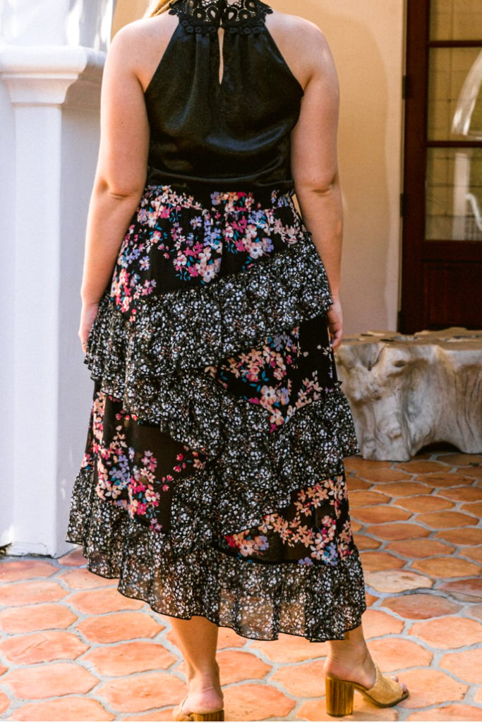 BLOSSOM BEAUTY FLORAL RUFFLED MIDI SKIRT IN BLACK MIX
