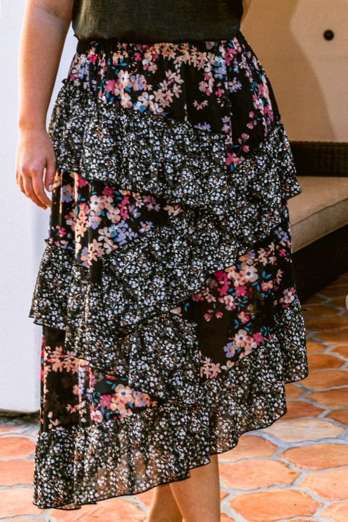 BLOSSOM BEAUTY FLORAL RUFFLED MIDI SKIRT IN BLACK MIX