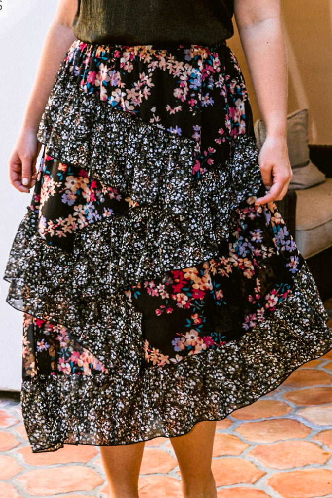BLOSSOM BEAUTY FLORAL RUFFLED MIDI SKIRT IN BLACK MIX