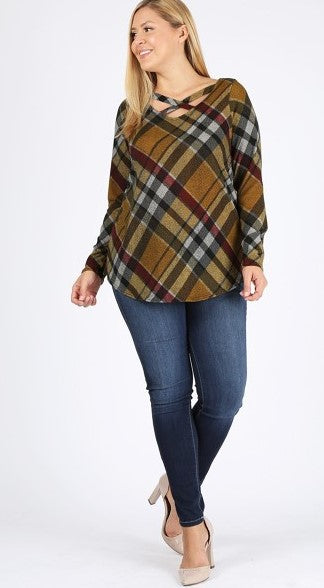 CROSS MY MIND FAB PLAID TOP BLOUSE IN MUSTARD 1X 2X 3X------------sale