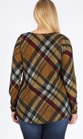 CROSS MY MIND FAB PLAID TOP BLOUSE IN MUSTARD 1X 2X 3X------------sale