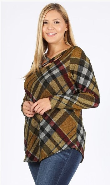 CROSS MY MIND FAB PLAID TOP BLOUSE IN MUSTARD 1X 2X 3X------------sale