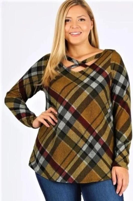 CROSS MY MIND FAB PLAID TOP BLOUSE IN MUSTARD 1X 2X 3X------------sale