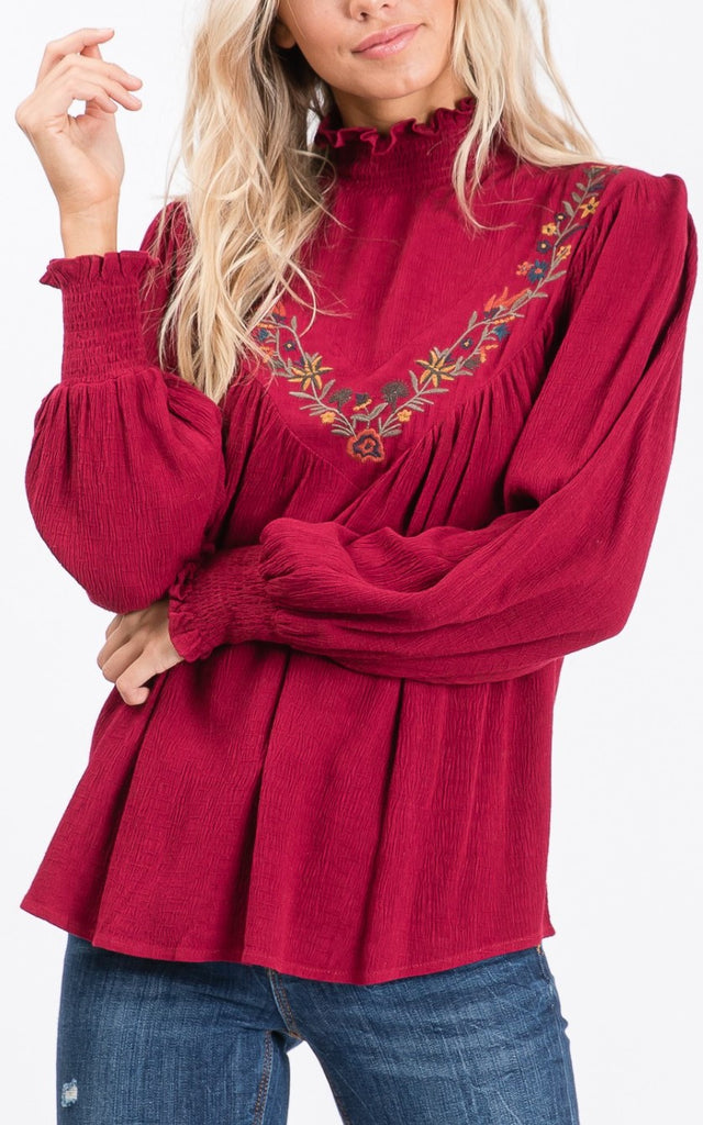 EMBROIDERED TOP IN BURGUNDY --------- SALE