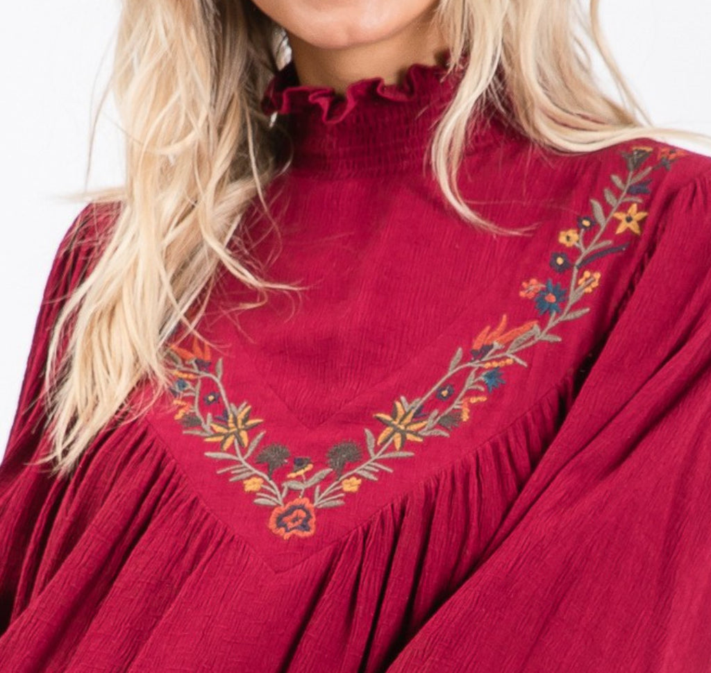 EMBROIDERED TOP IN BURGUNDY --------- SALE