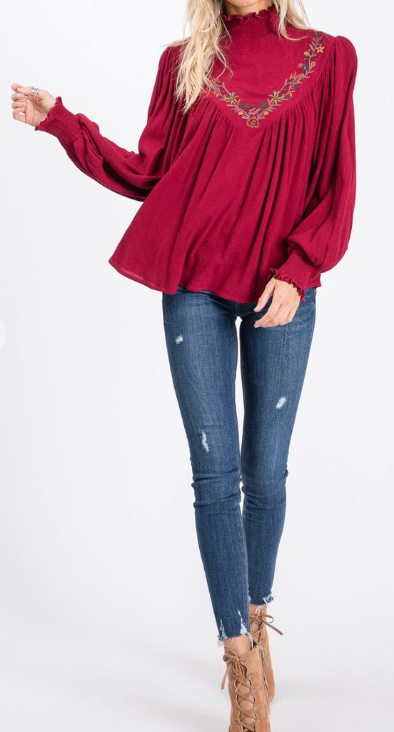 EMBROIDERED TOP IN BURGUNDY --------- SALE