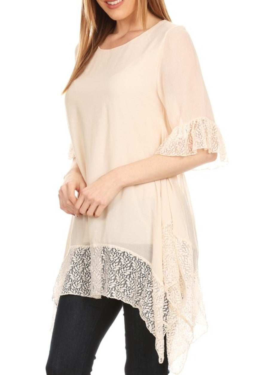ROMANTIC MODERN LACE ASYMMETRIC DRESS IN BEIGE