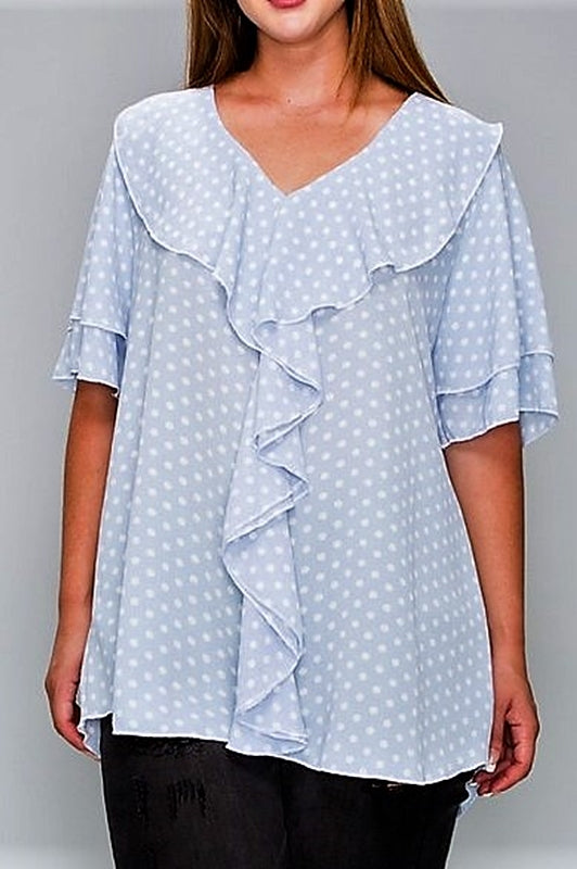 1X - CLASSIC & ROMANTIC POLKA DOT RUFFLE BLOUSE IN LIGHT BLUE----SALE