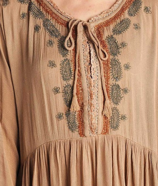 EMBROIDERED DRESS IN TAN REGULAR & PLUS SIZE---------sale