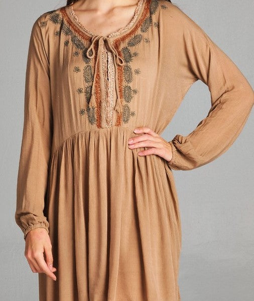EMBROIDERED DRESS IN TAN REGULAR & PLUS SIZE---------sale