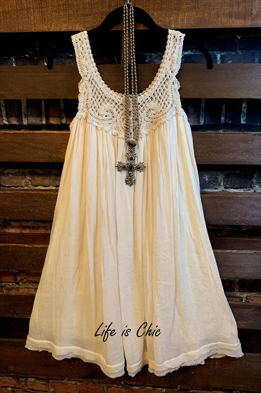 YOU 'RE TOO PRECIOUS BOHO CROCHET SHABBY DRESS IN BEIGE