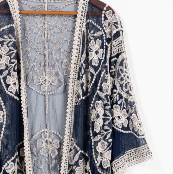 LIVING ON LOVE NAVY LACE EMBROIDERED CARDIGAN