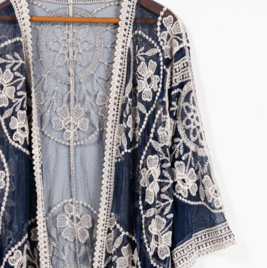 LIVING ON LOVE NAVY BLUE LACE EMBROIDERED CARDIGAN