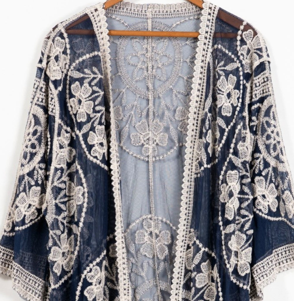 LIVING ON LOVE NAVY BLUE LACE EMBROIDERED CARDIGAN