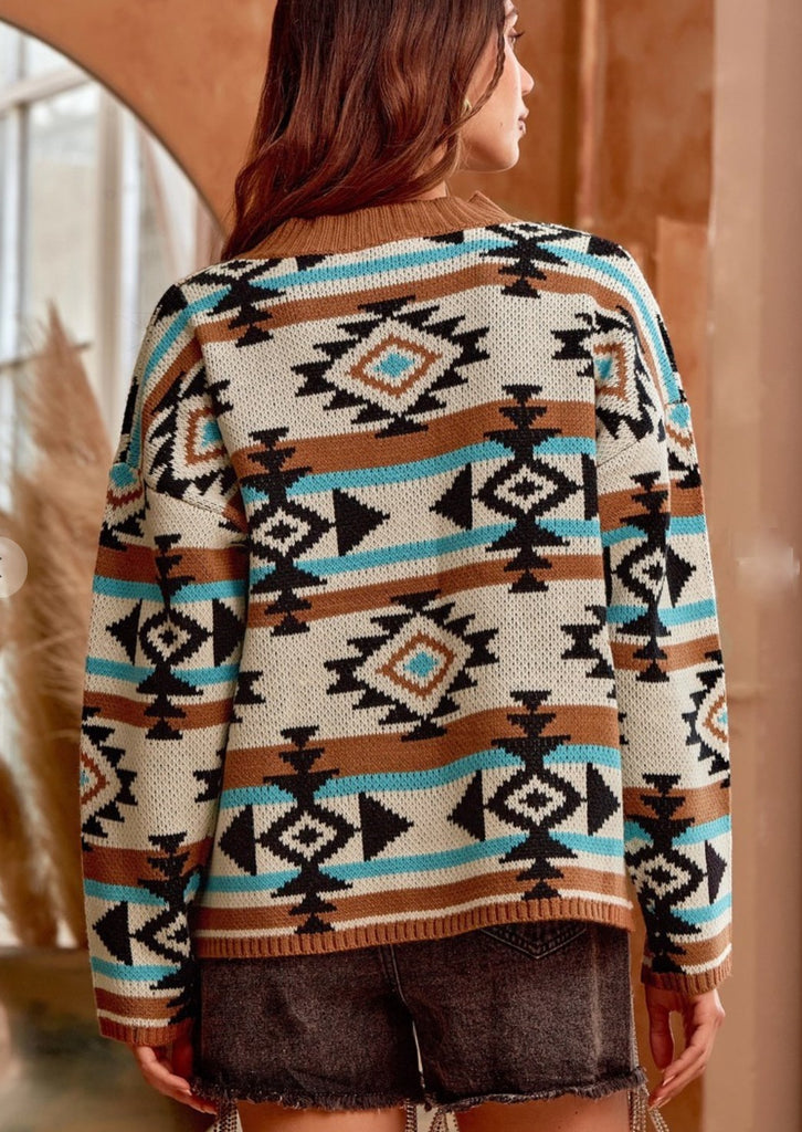 COUNTRY SWEATER PULLOVER IN MOCHA & TURQUOISE