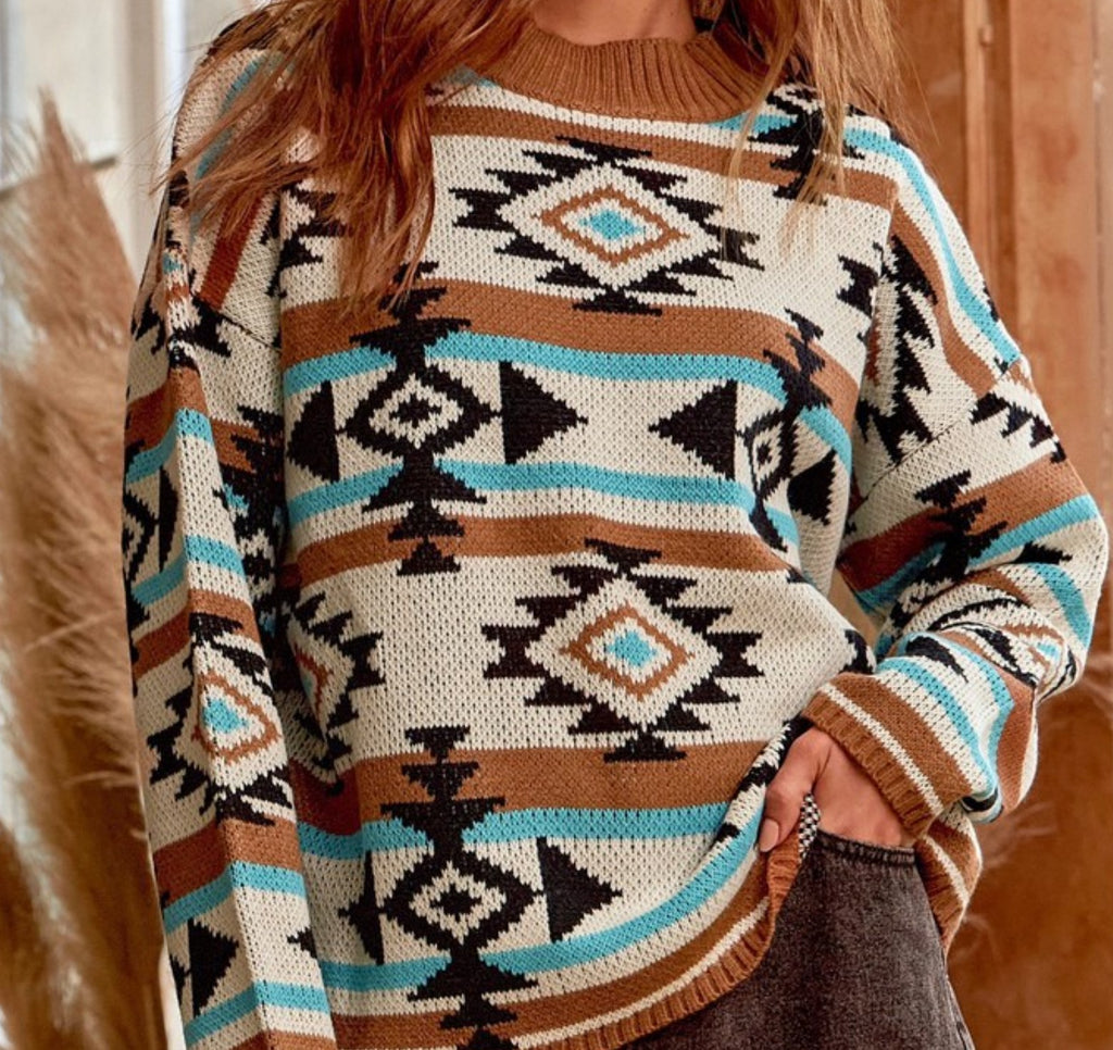 COUNTRY SWEATER PULLOVER IN MOCHA & TURQUOISE