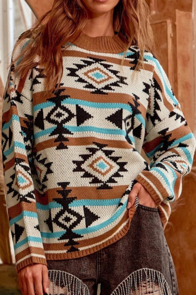 COUNTRY SWEATER PULLOVER IN MOCHA & TURQUOISE