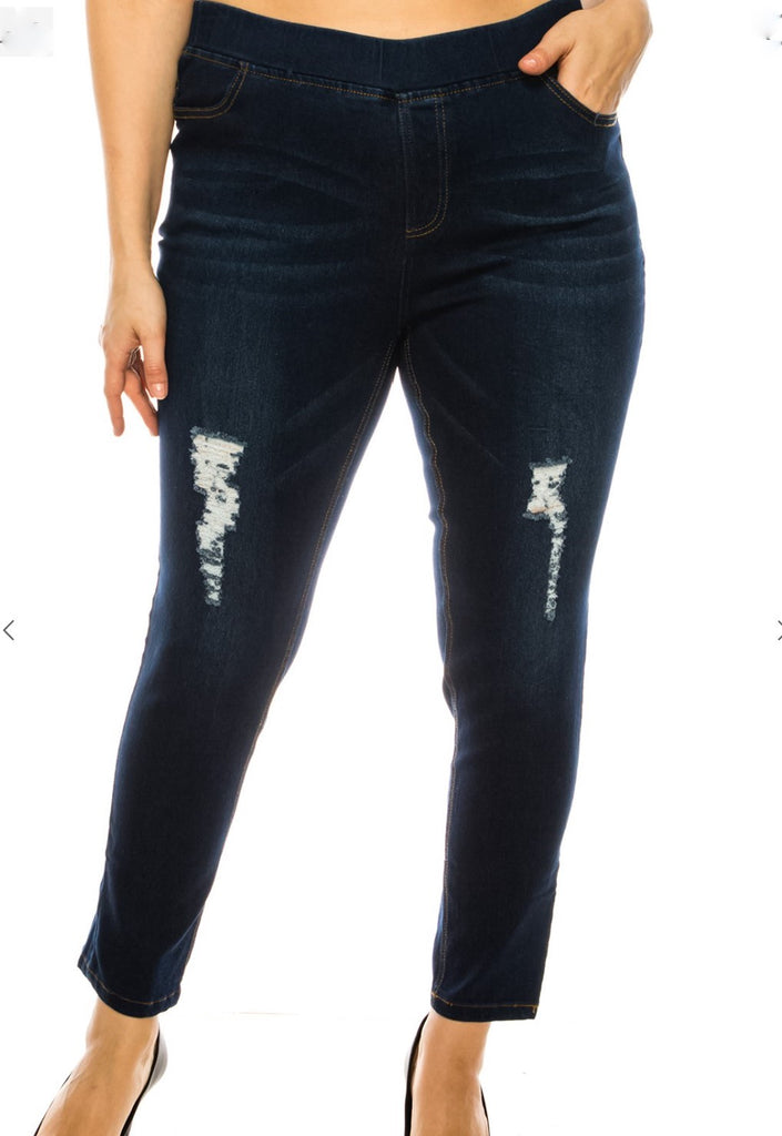 On My Way Distressed Jeggings Women's Plus Pants Dark Denim