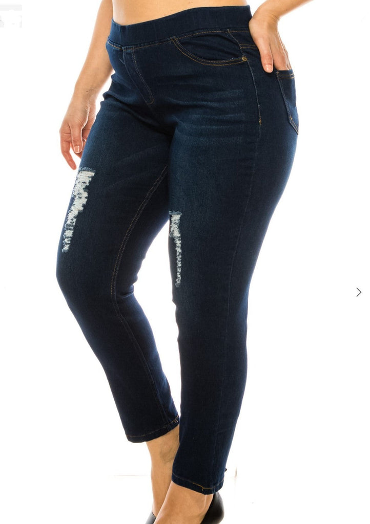 On My Way Distressed Jeggings Women's Plus Pants Dark Denim