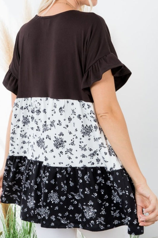 GRACEFUL SIMPLICITY FLORAL BABYDOLL TOP IN BLACK & WHITE