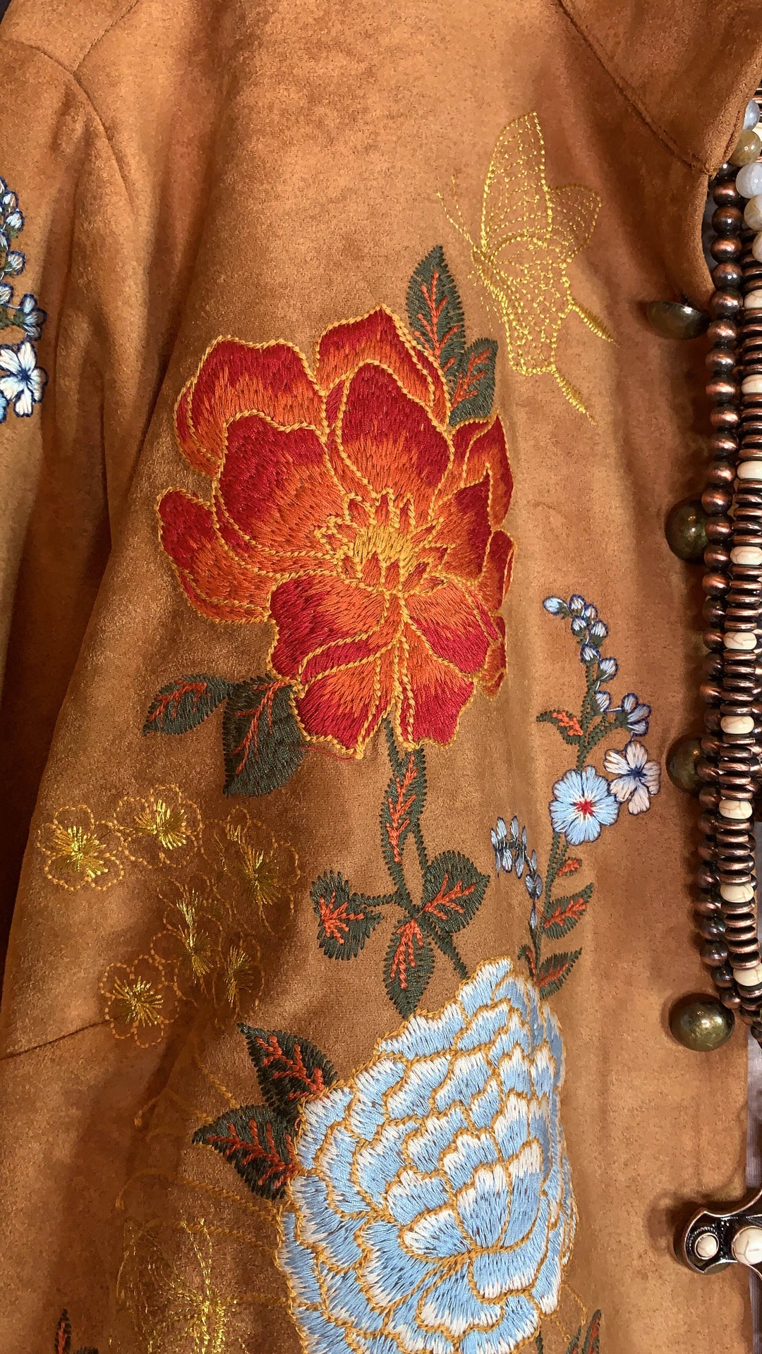 SANTA MARIA BOHO EMBROIDERED FAUX SUEDE JACKET IN CAMEL
