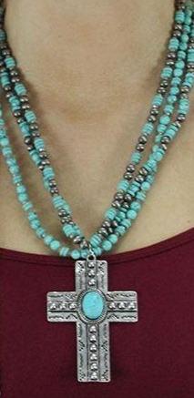 RUSTIC CROSS LAYERED BEADED CHAIN NECKLACE IN TURQUOISE [product vendor] - Life is Chic Boutique