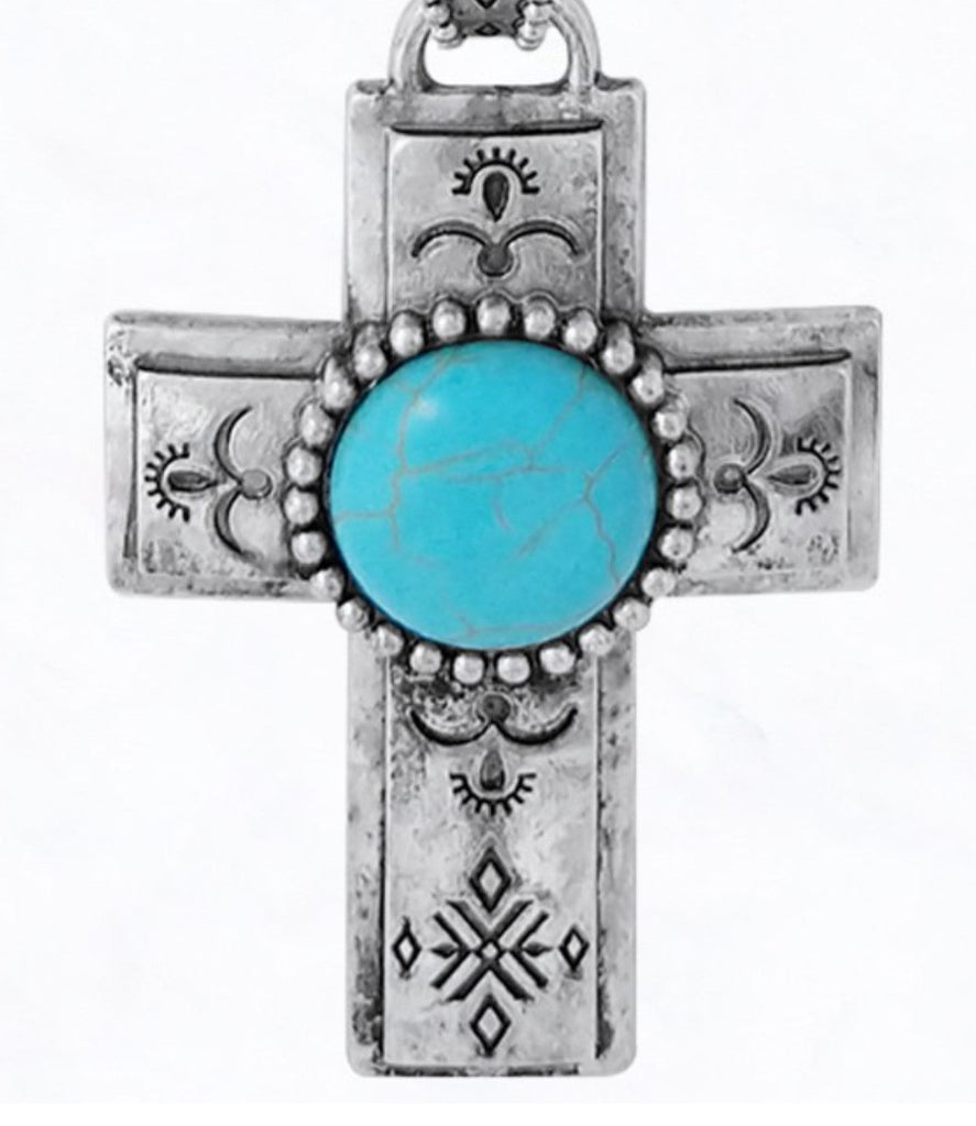 WESTERN VINTAGE BLUE TURQUOISE CROSS NECKLACE SET