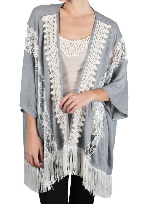 EMBROIDERED LACE FRINGE KIMONO IN BLUE-------sale