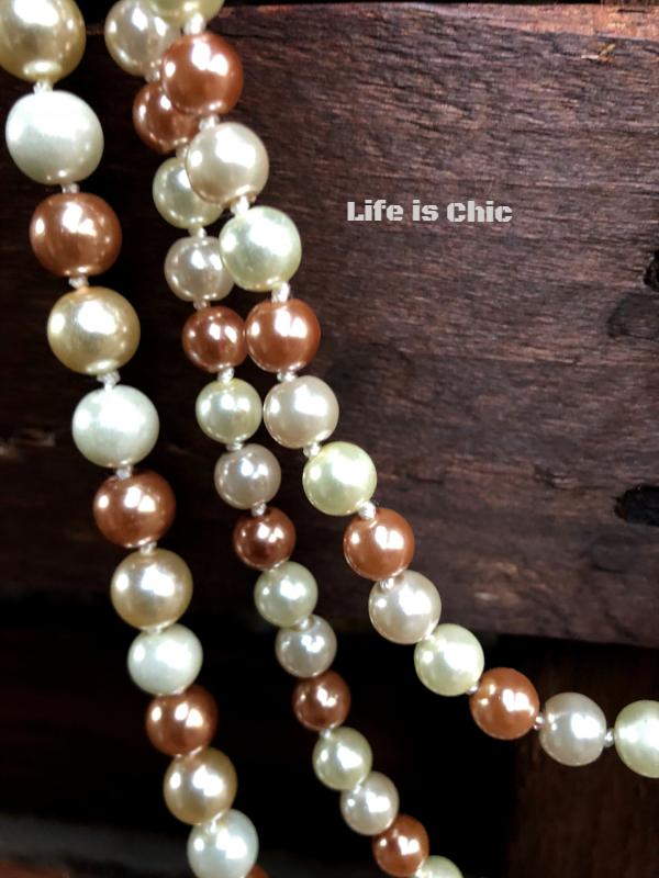 TIMELESS CLASSIC BROWNISH-GOLD AND CREAM LONG PEARL BEAD NECKLACE