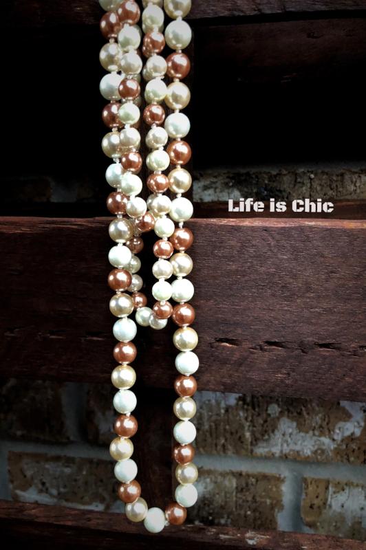 TIMELESS CLASSIC BROWNISH-GOLD AND CREAM LONG PEARL BEAD NECKLACE