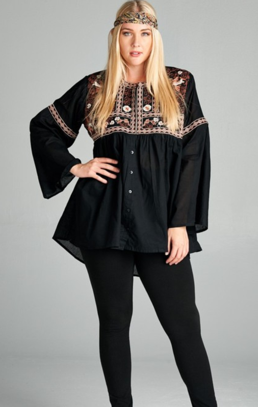 GYPSY NYGHT HIPPIE CHIC OVERSIZED EMBROIDERED BABYDOLL DRESS IN BLACK