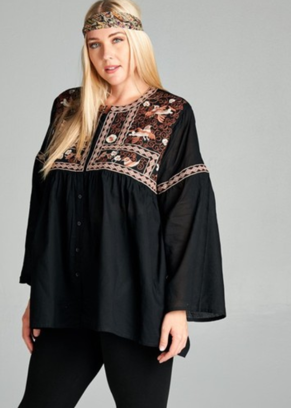 GYPSY NYGHT HIPPIE CHIC OVERSIZED EMBROIDERED BABYDOLL DRESS IN BLACK