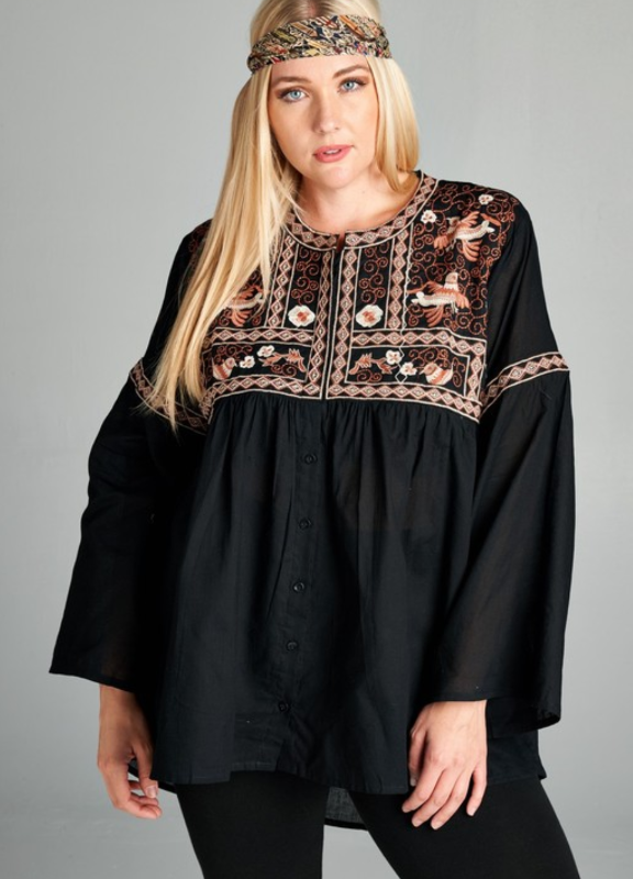 GYPSY NYGHT HIPPIE CHIC OVERSIZED EMBROIDERED BABYDOLL DRESS IN BLACK