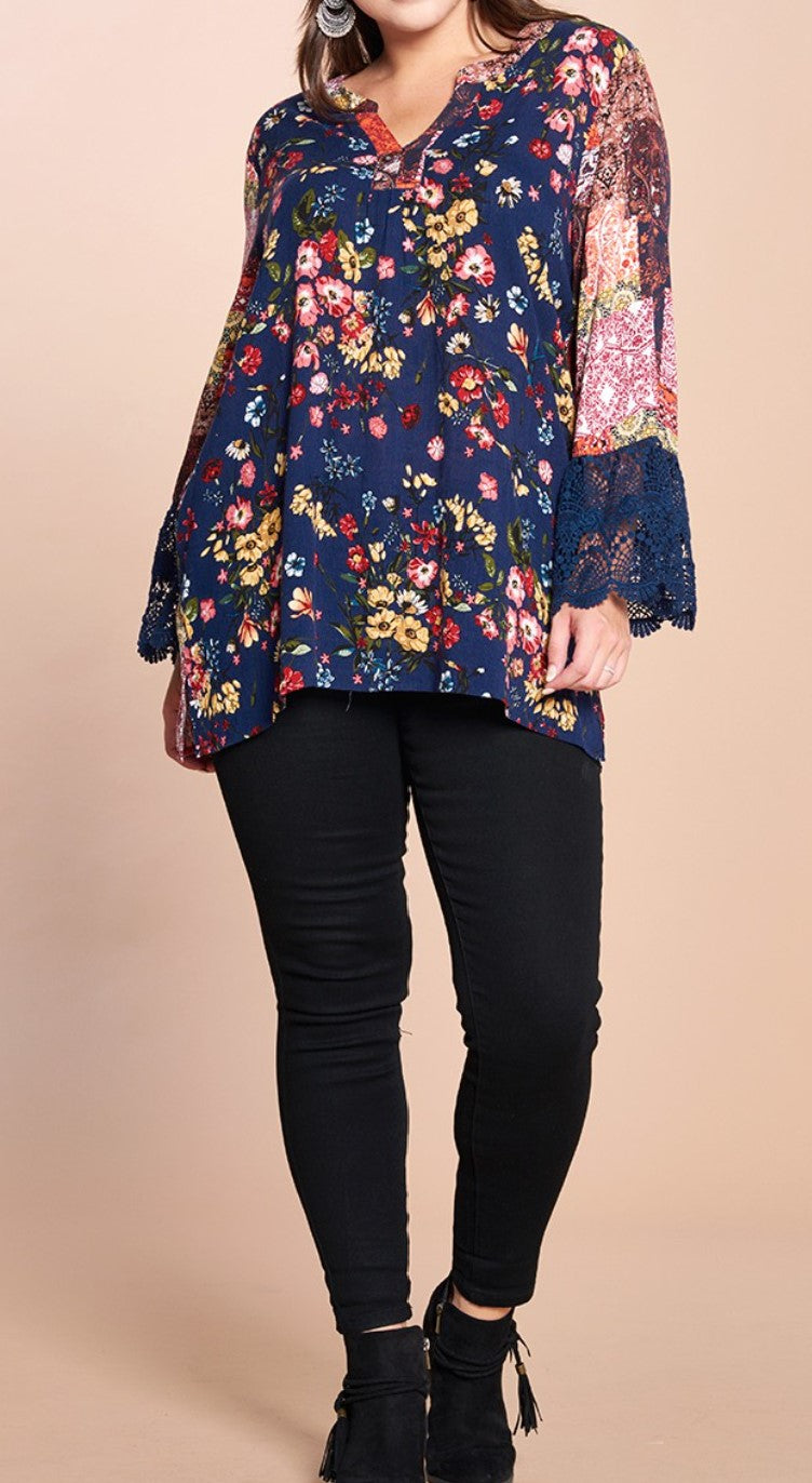 TRUE BEAUTY FLORAL & LACE NAVY & MULTI-COLOR TUNIC