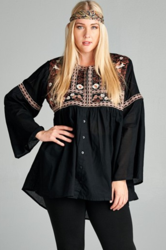 GYPSY NYGHT HIPPIE CHIC OVERSIZED EMBROIDERED BABYDOLL DRESS IN BLACK