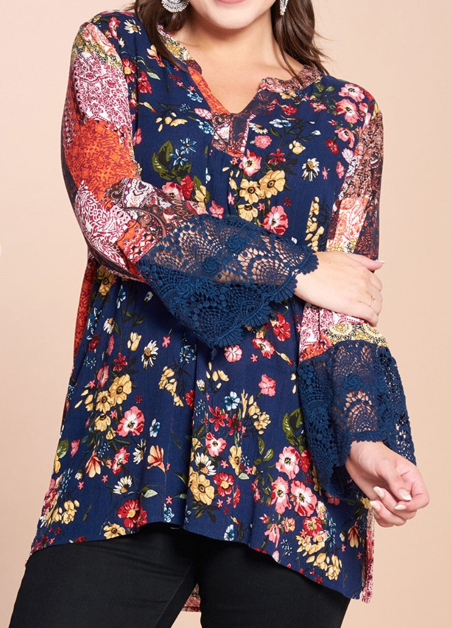 TRUE BEAUTY FLORAL & LACE NAVY & MULTI-COLOR TUNIC