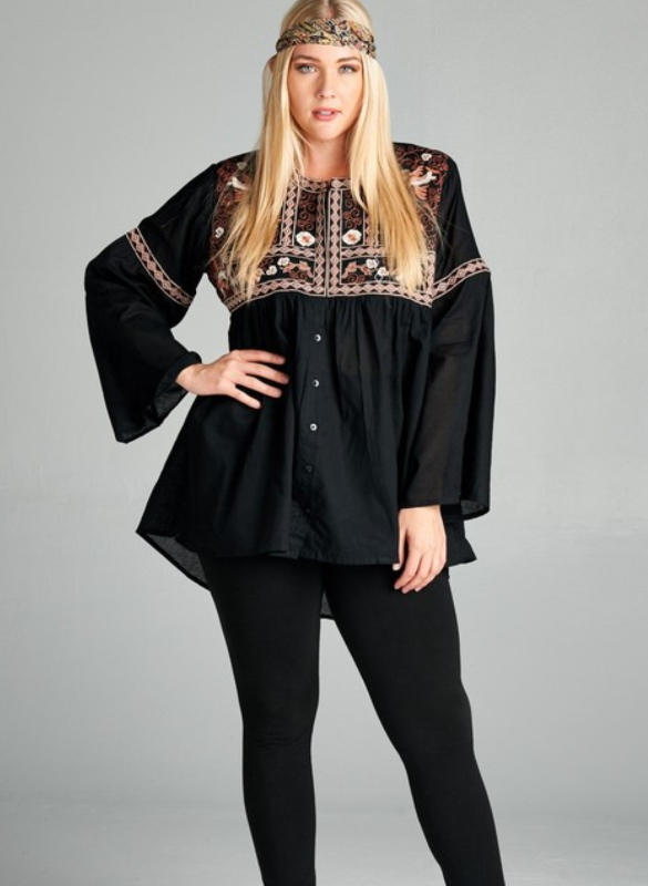 GYPSY NYGHT HIPPIE CHIC OVERSIZED EMBROIDERED BABYDOLL DRESS IN BLACK