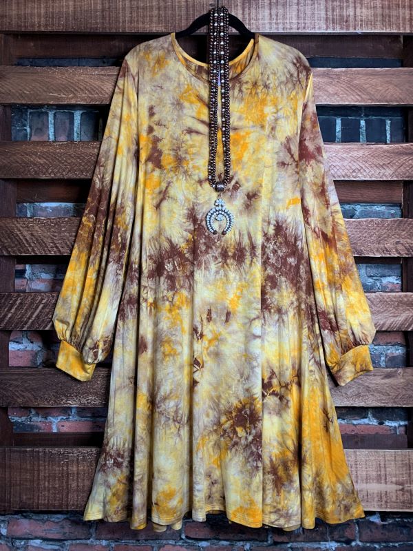 3X 4X 5X GOOD VIBES ONLY TIE DYE DRESS IN BROWN & MUSTARD -------SALE