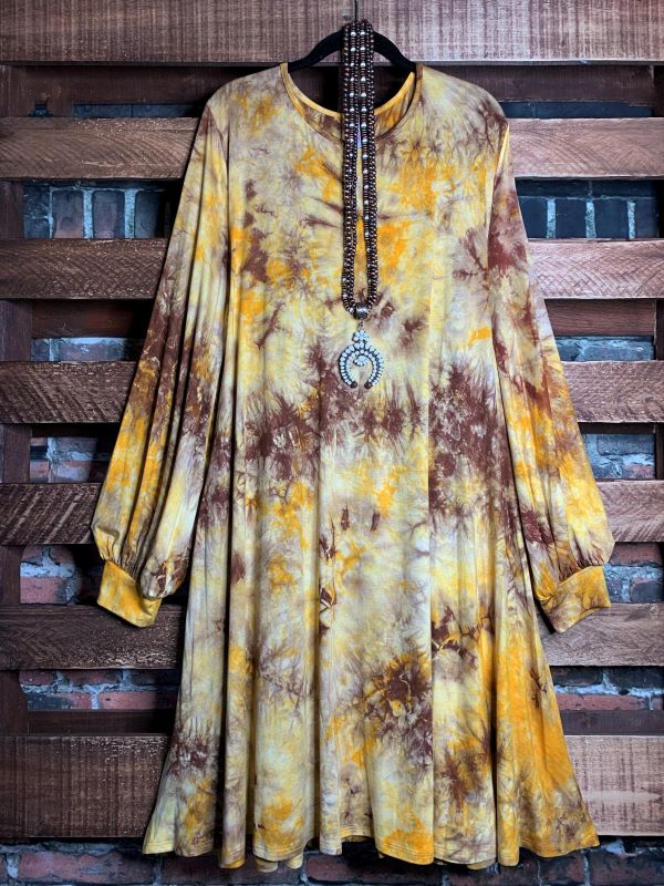 3X 4X 5X GOOD VIBES ONLY TIE DYE DRESS IN BROWN & MUSTARD -------SALE