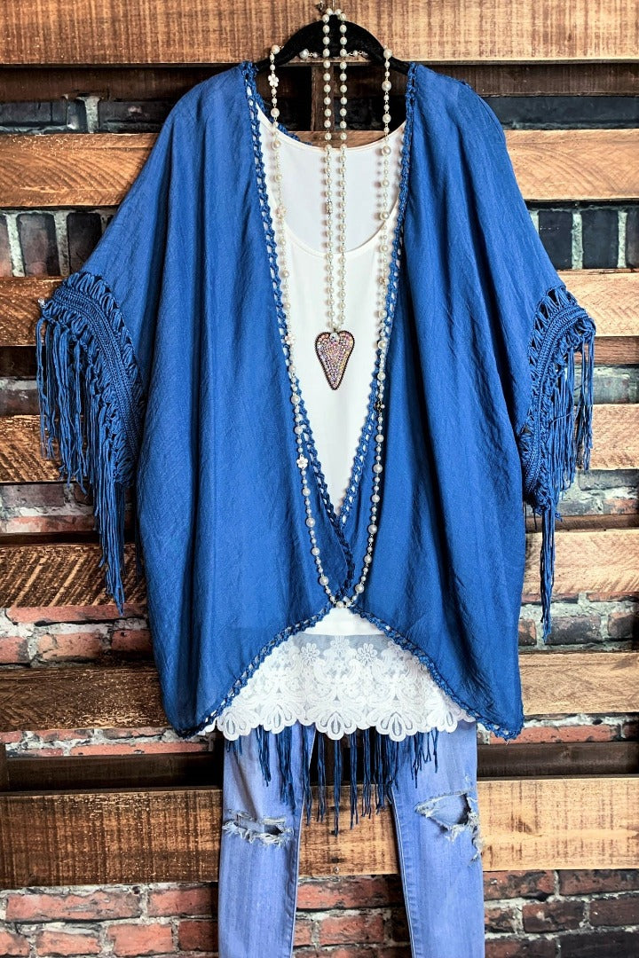 LIVING FREE BOHO CROCHET FRINGE KIMONO IN DENIM BLUE