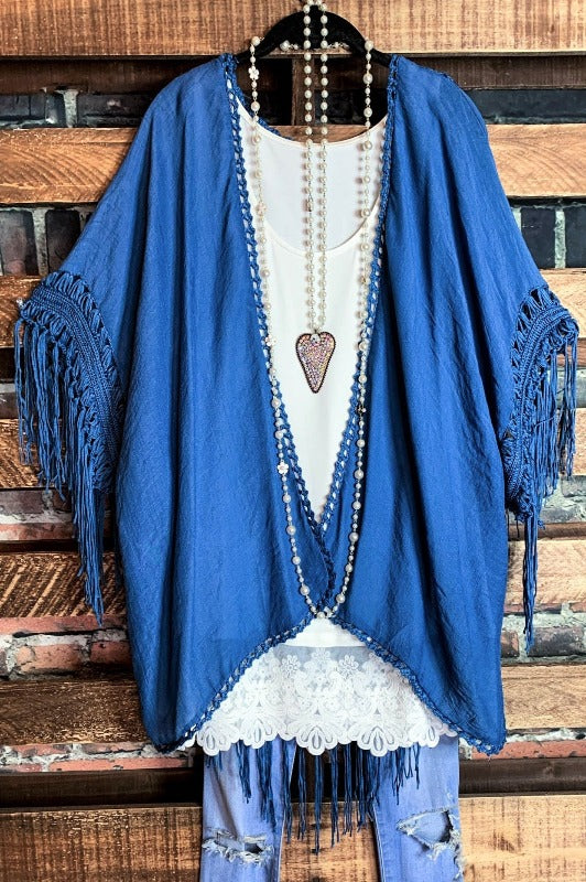 LIVING FREE BOHO CROCHET FRINGE KIMONO IN DENIM BLUE