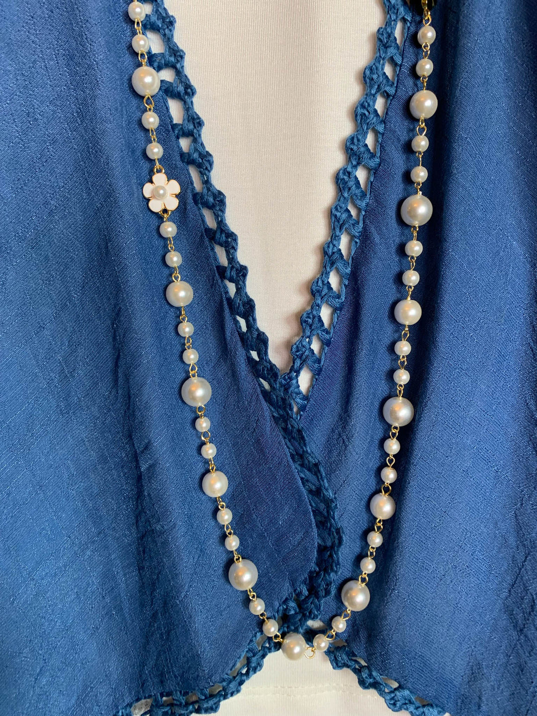 LIVING FREE BOHO CROCHET FRINGE KIMONO IN DENIM BLUE